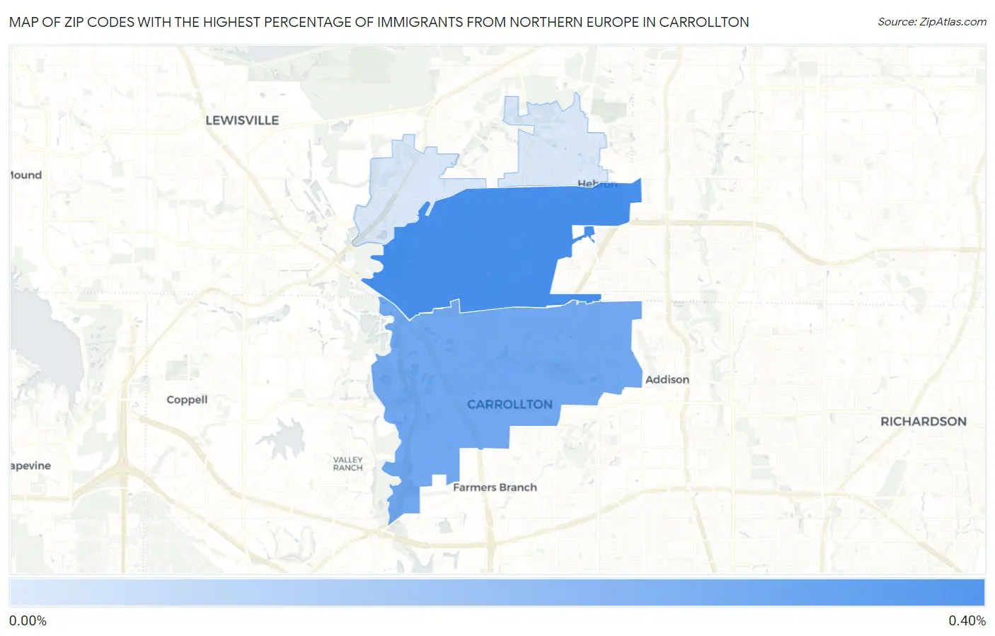 Zip Codes with the Highest Percentage of Immigrants from Northern Europe in Carrollton Map