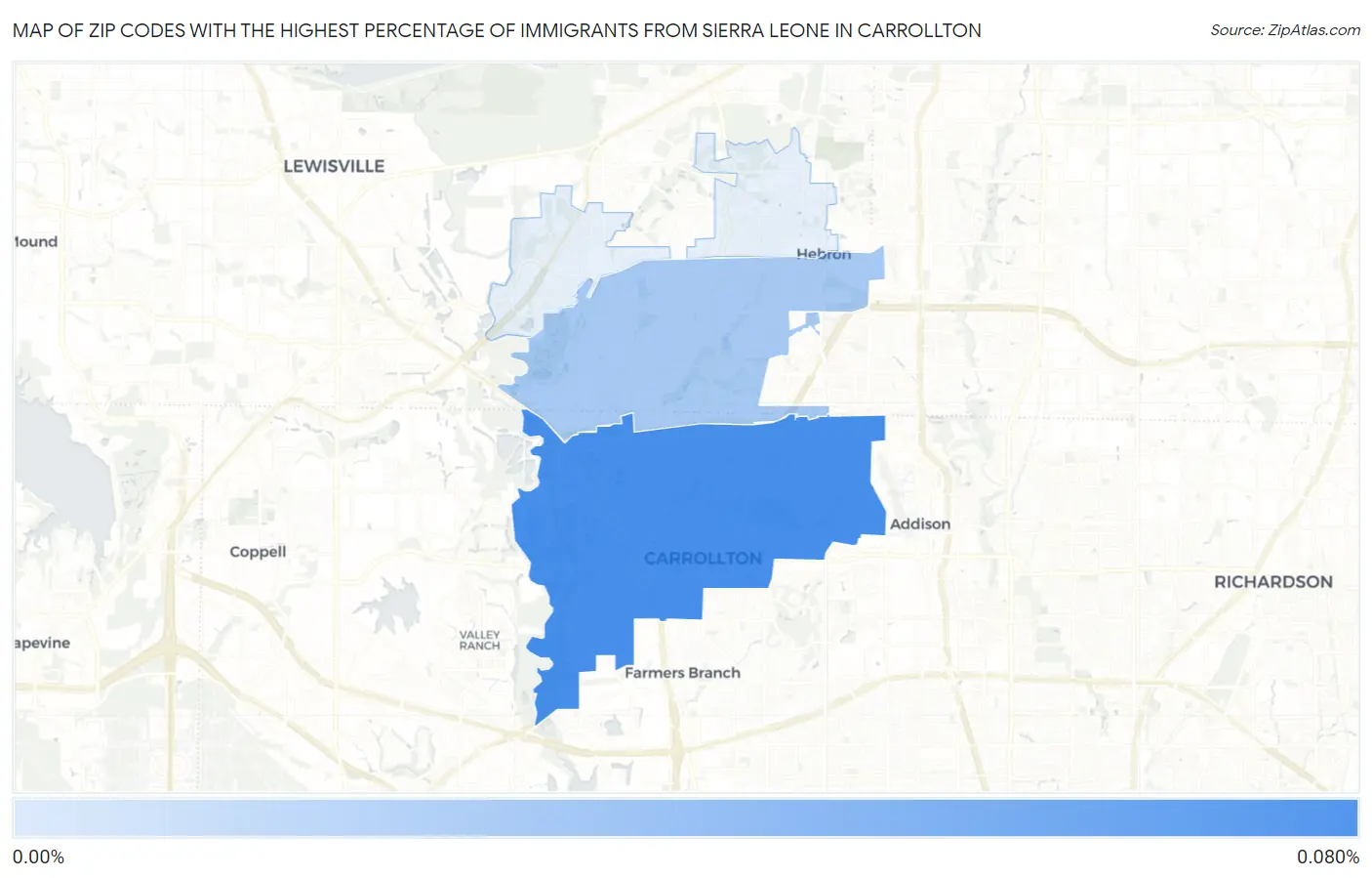 Zip Codes with the Highest Percentage of Immigrants from Sierra Leone in Carrollton Map
