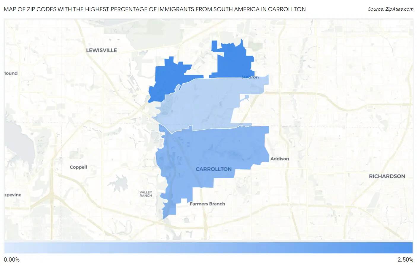 Zip Codes with the Highest Percentage of Immigrants from South America in Carrollton Map