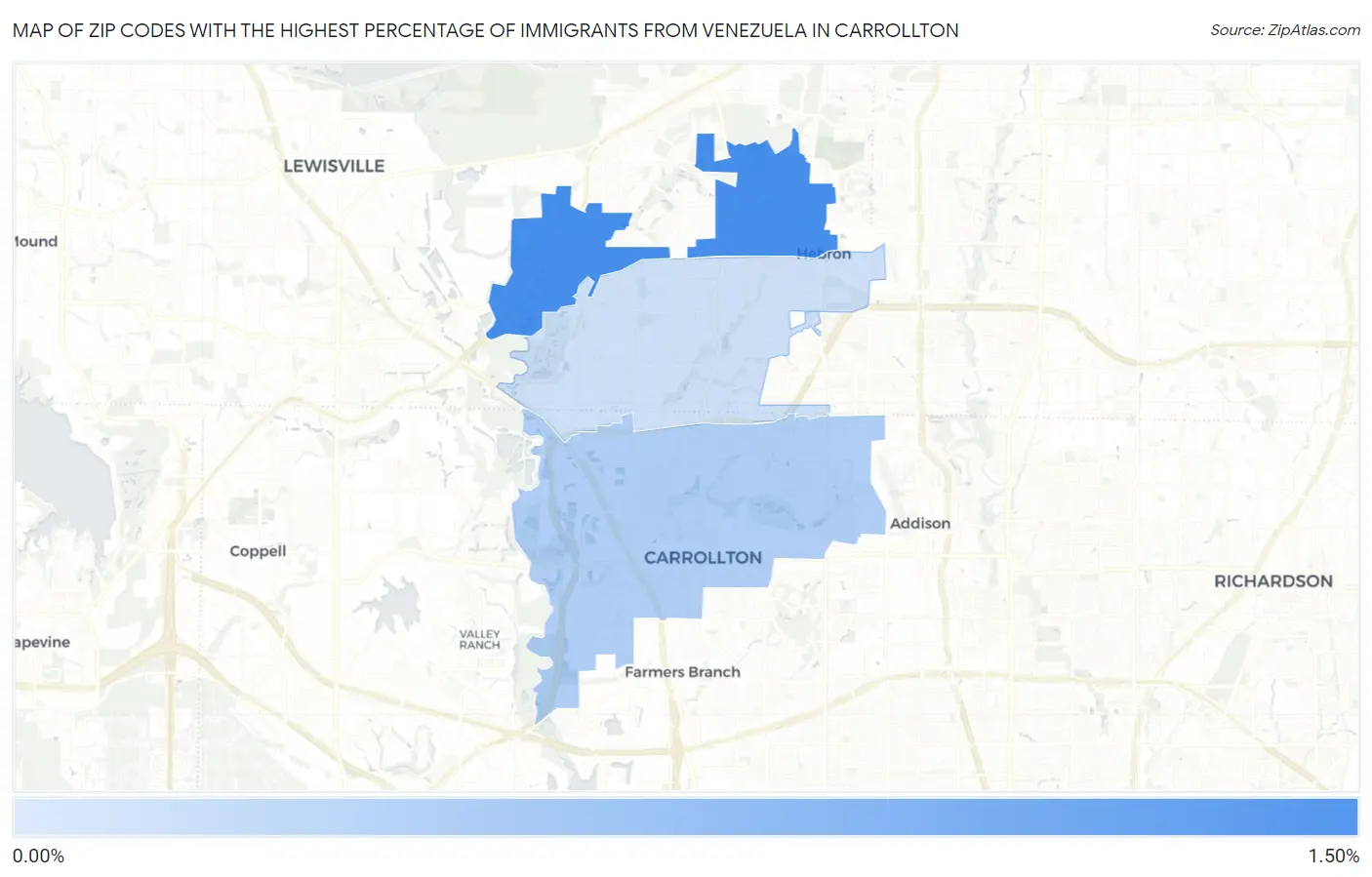 Zip Codes with the Highest Percentage of Immigrants from Venezuela in Carrollton Map