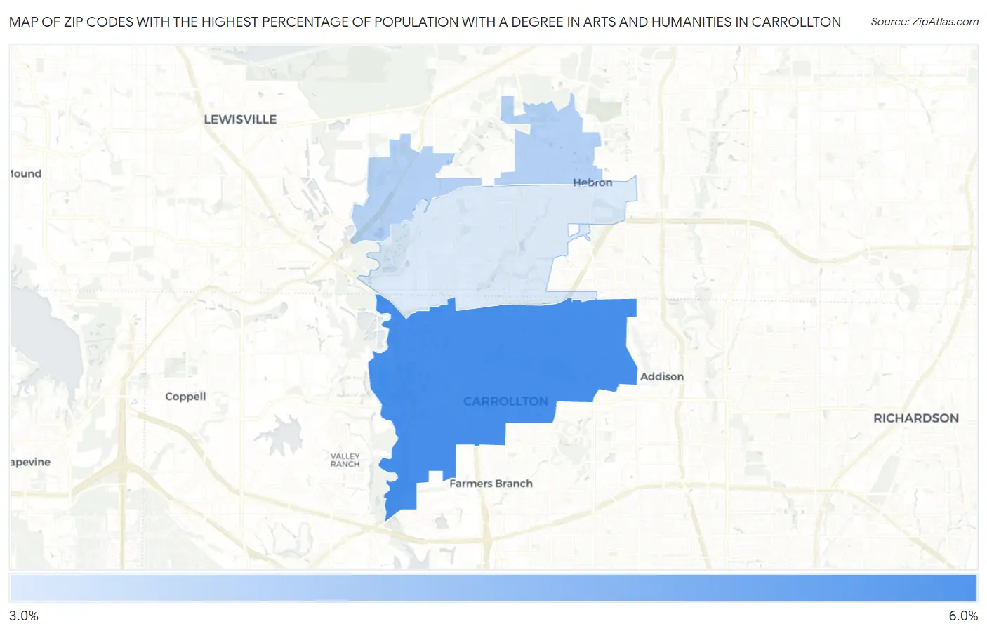 Zip Codes with the Highest Percentage of Population with a Degree in Arts and Humanities in Carrollton Map