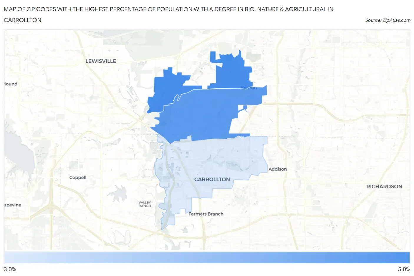 Zip Codes with the Highest Percentage of Population with a Degree in Bio, Nature & Agricultural in Carrollton Map
