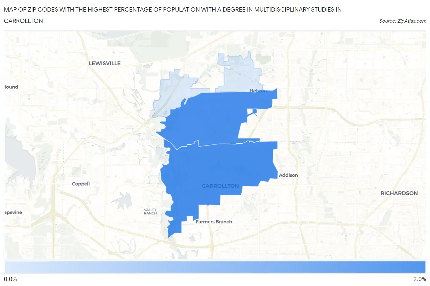 Zip Codes with the Highest Percentage of Population with a Degree in Multidisciplinary Studies in Carrollton Map