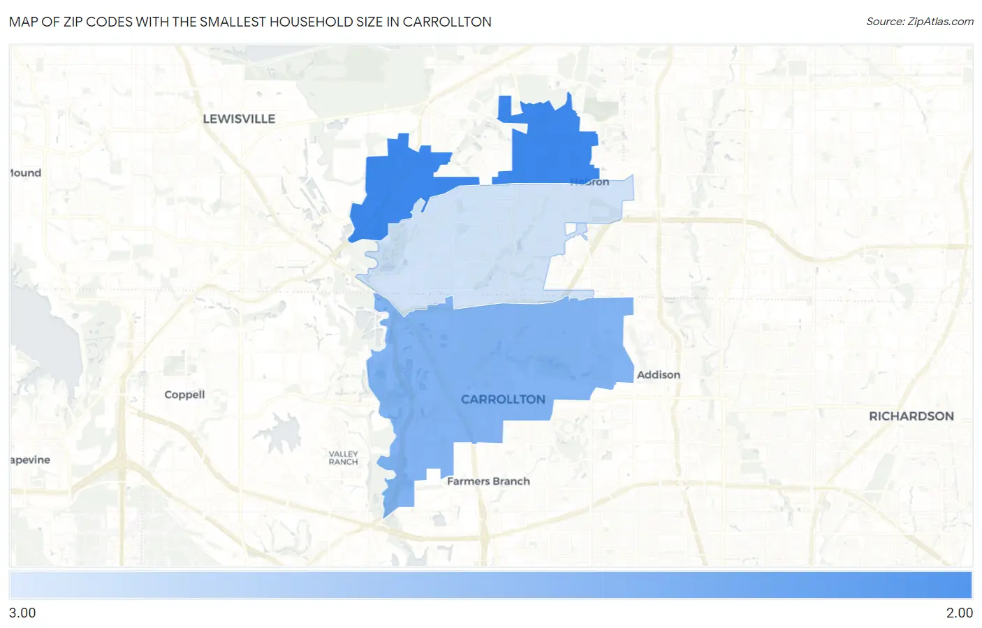 Zip Codes with the Smallest Household Size in Carrollton Map