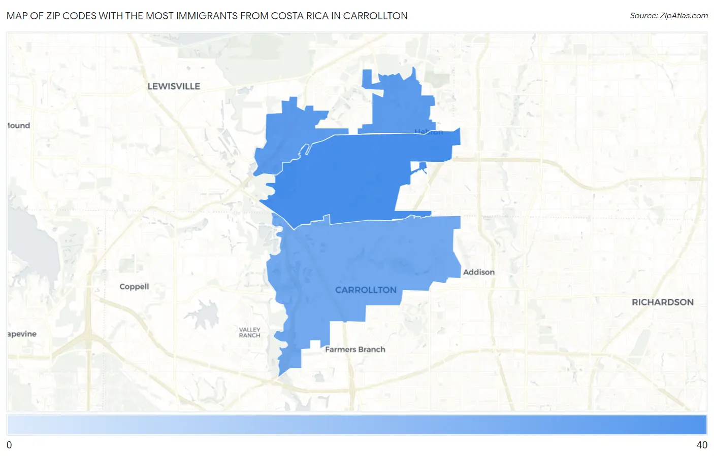 Zip Codes with the Most Immigrants from Costa Rica in Carrollton Map