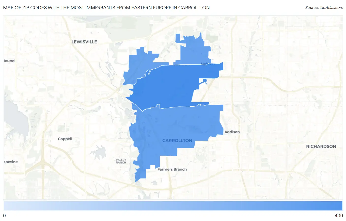 Zip Codes with the Most Immigrants from Eastern Europe in Carrollton Map