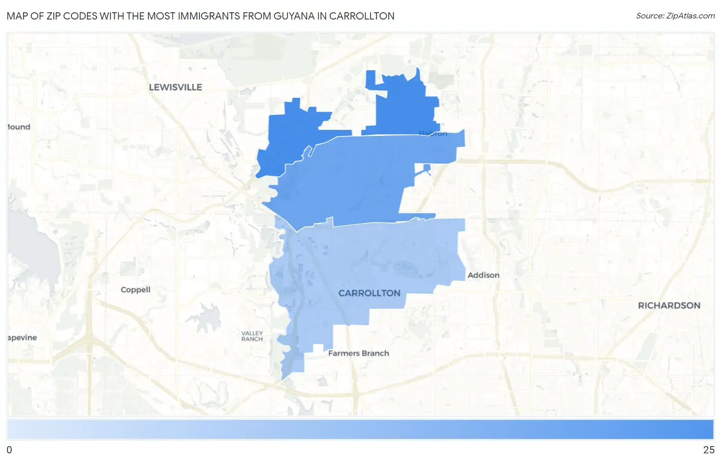 Zip Codes with the Most Immigrants from Guyana in Carrollton Map