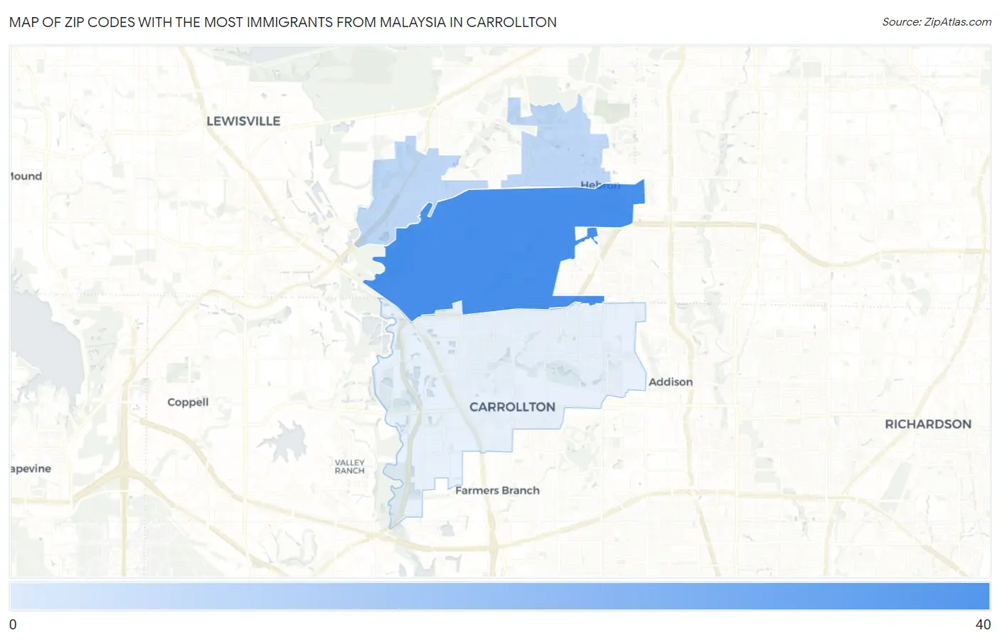 Zip Codes with the Most Immigrants from Malaysia in Carrollton Map