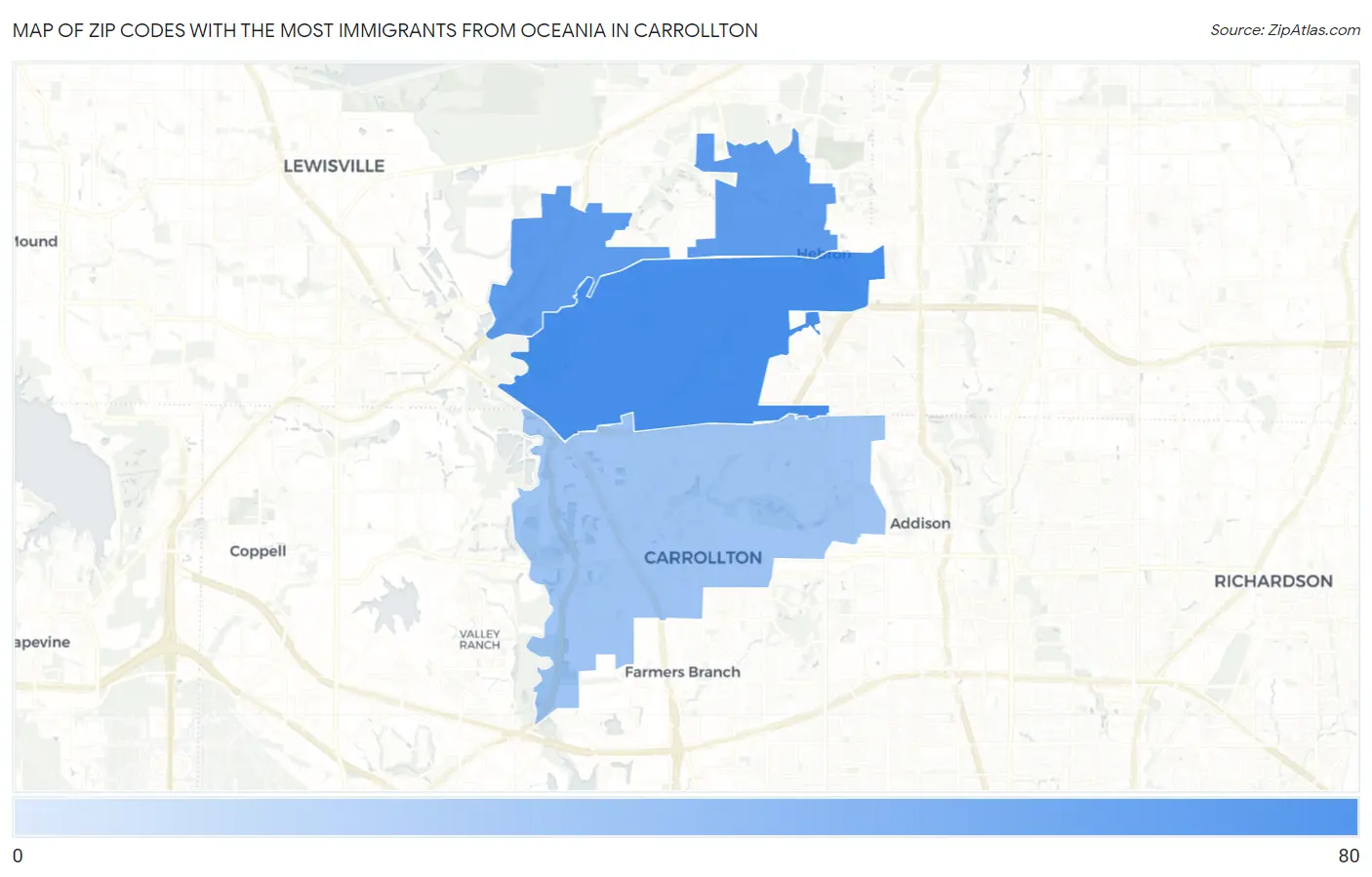 Zip Codes with the Most Immigrants from Oceania in Carrollton Map