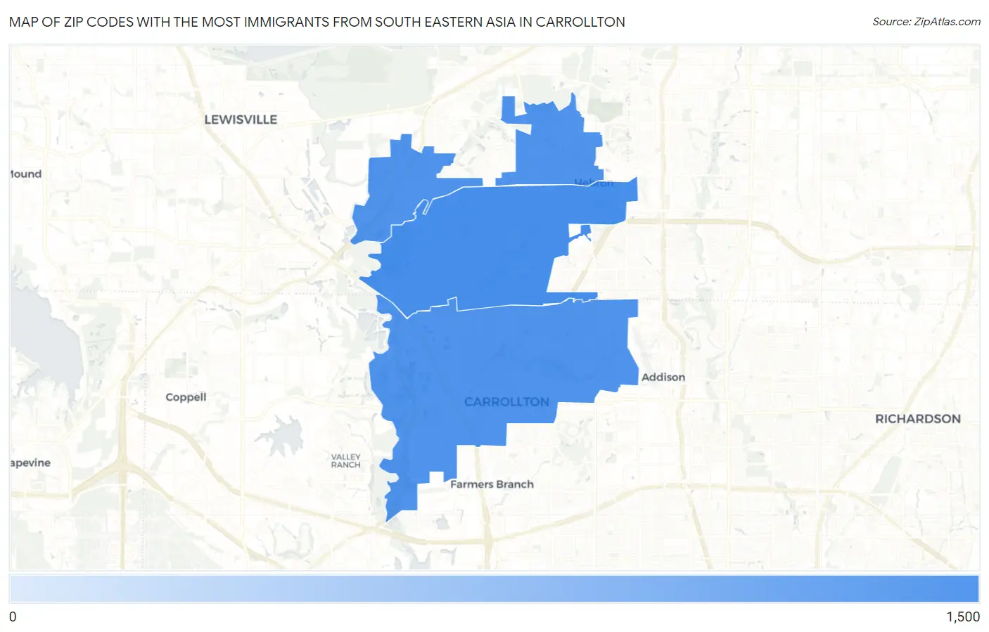 Zip Codes with the Most Immigrants from South Eastern Asia in Carrollton Map