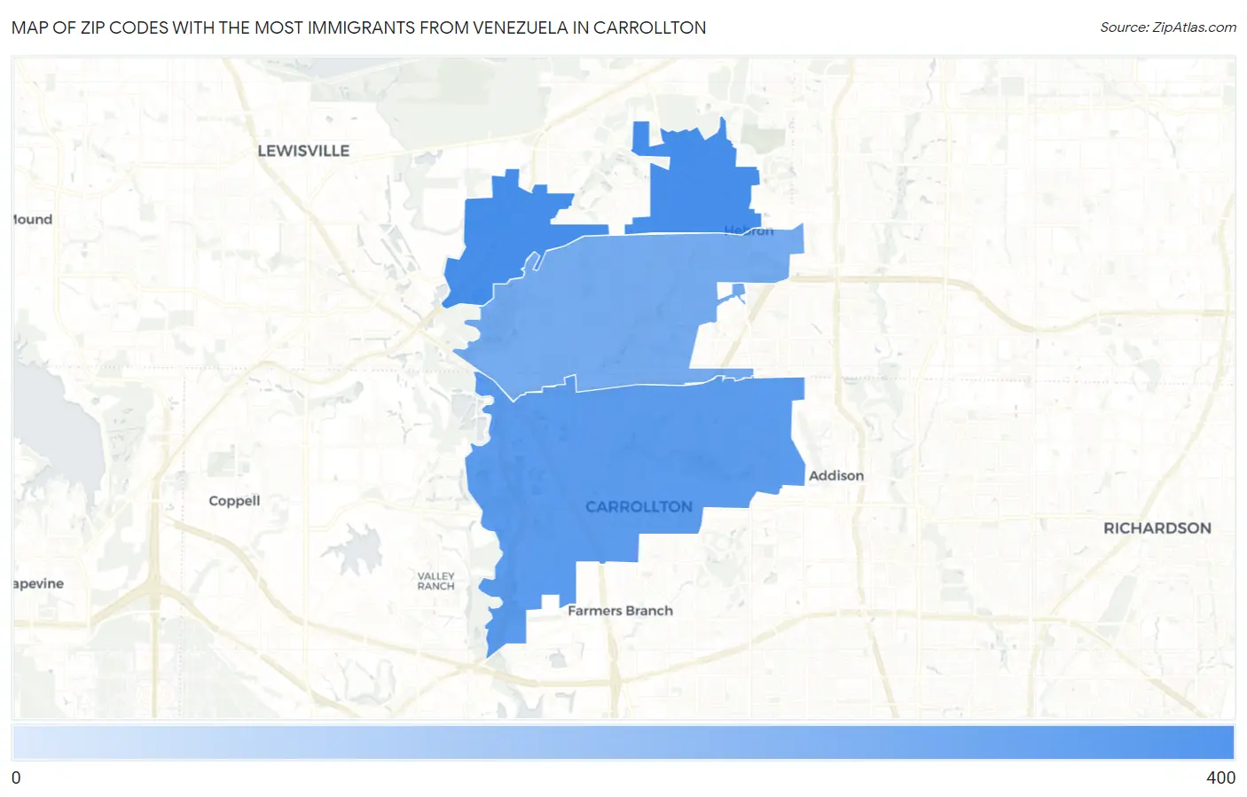 Zip Codes with the Most Immigrants from Venezuela in Carrollton Map