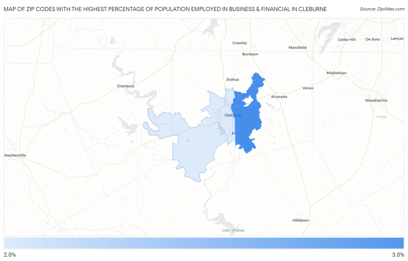 Zip Codes with the Highest Percentage of Population Employed in Business & Financial in Cleburne Map