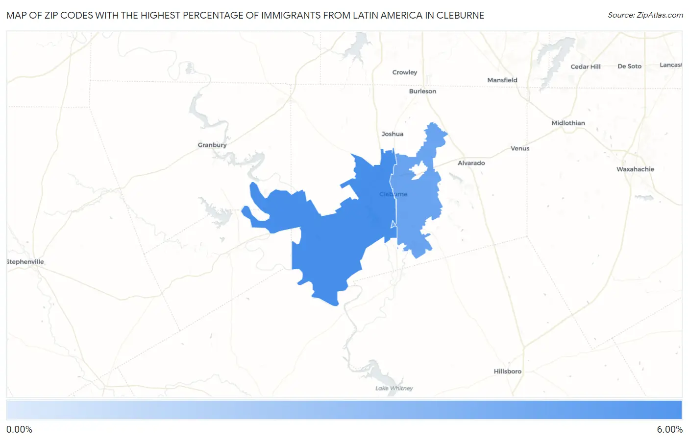 Zip Codes with the Highest Percentage of Immigrants from Latin America in Cleburne Map