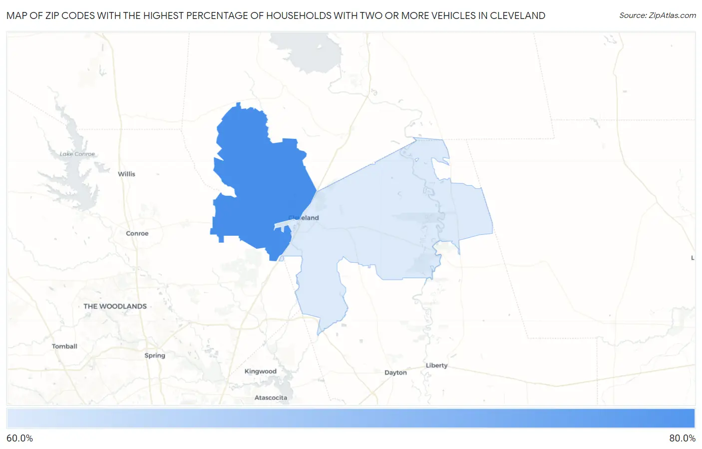 Zip Codes with the Highest Percentage of Households With Two or more Vehicles in Cleveland Map