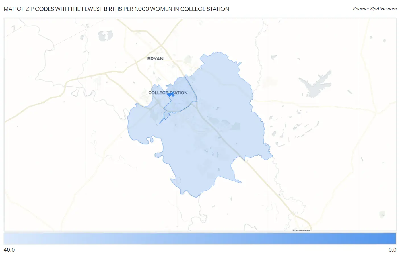 Zip Codes with the Fewest Births per 1,000 Women in College Station Map