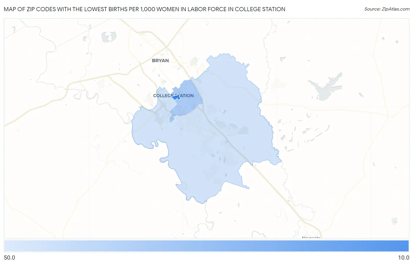 Zip Codes with the Lowest Births per 1,000 Women in Labor Force in College Station Map