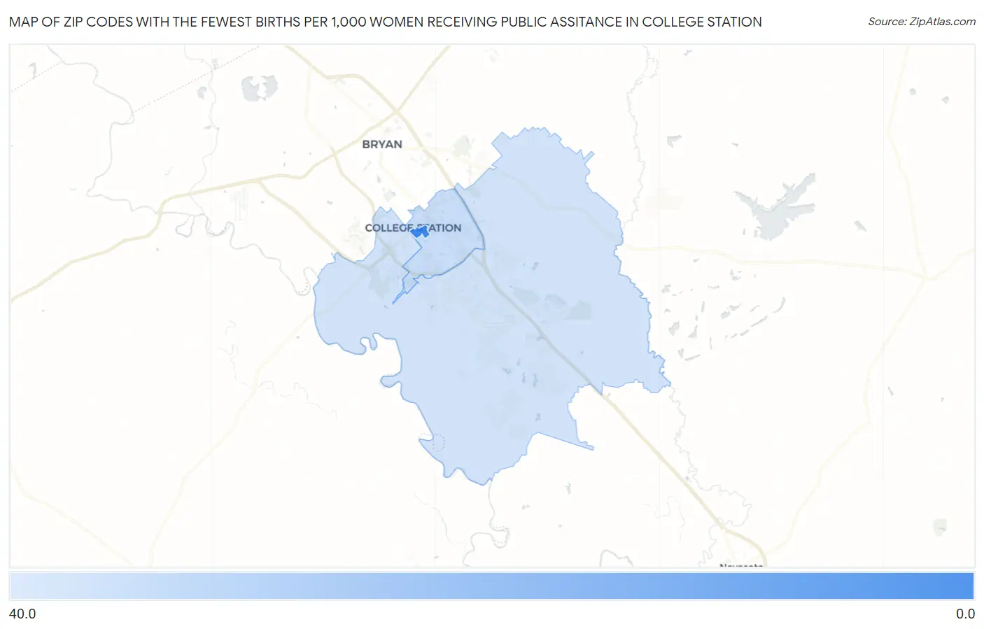 Zip Codes with the Fewest Births per 1,000 Women Receiving Public Assitance in College Station Map