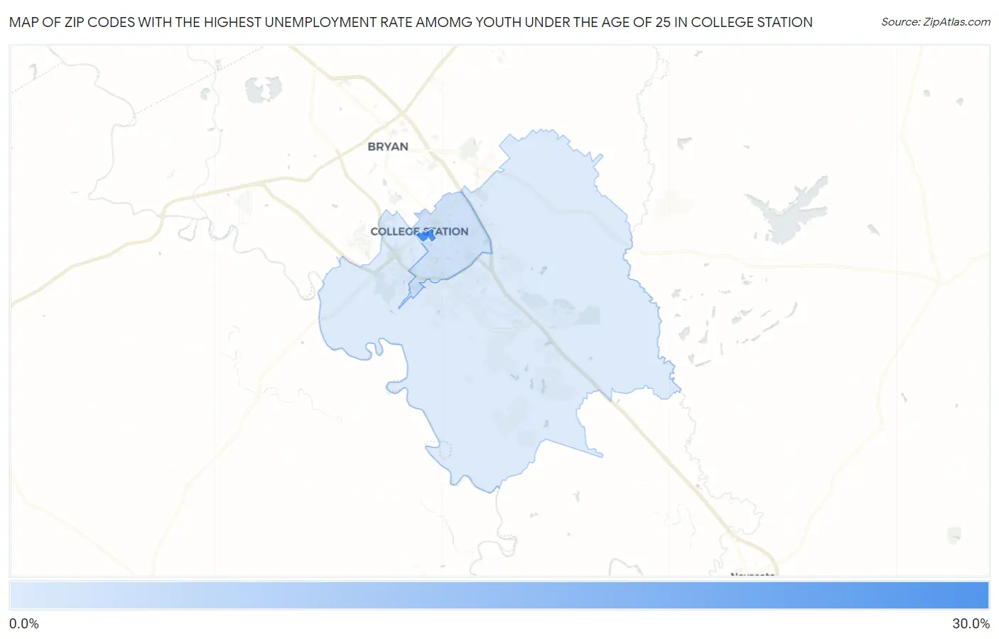 Zip Codes with the Highest Unemployment Rate Amomg Youth Under the Age of 25 in College Station Map