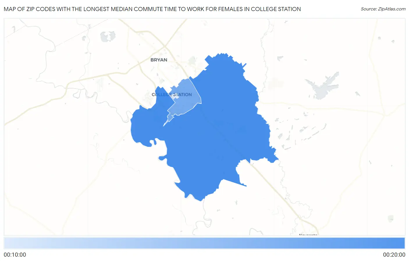 Zip Codes with the Longest Median Commute Time to Work for Females in College Station Map