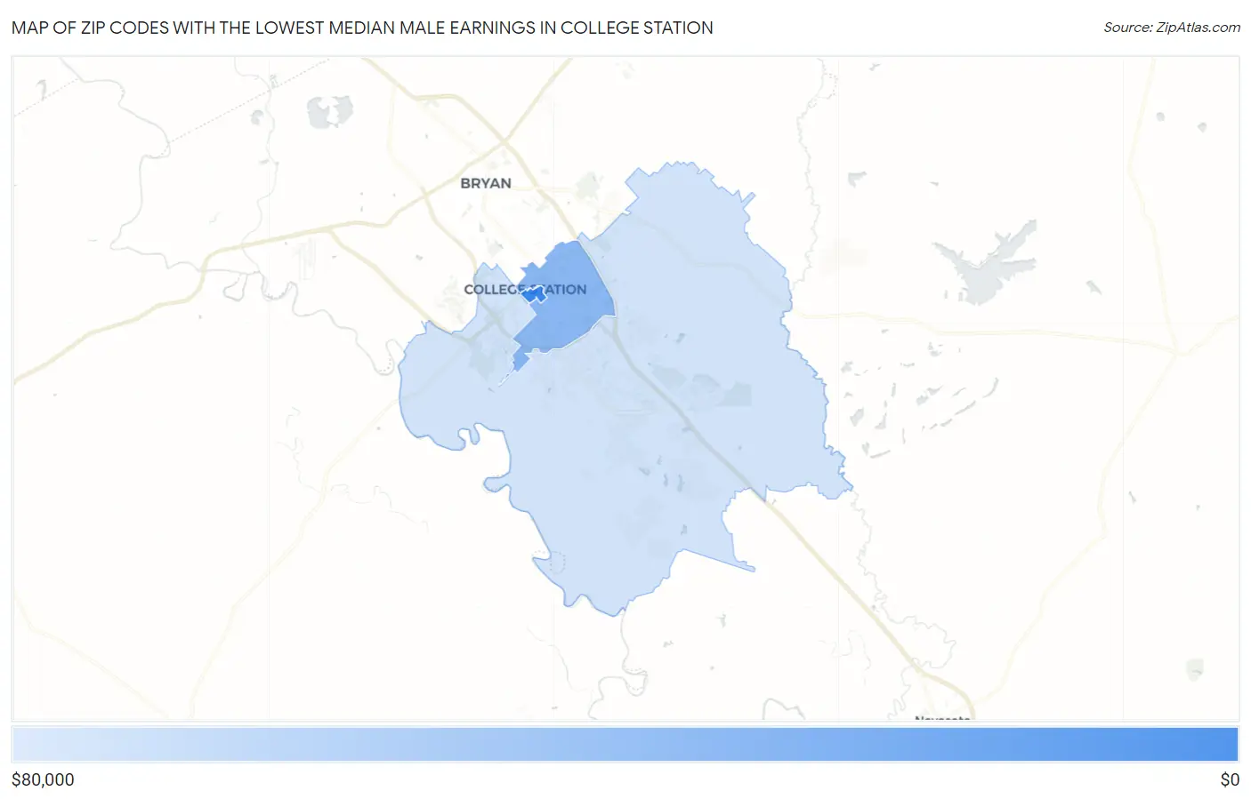 Zip Codes with the Lowest Median Male Earnings in College Station Map