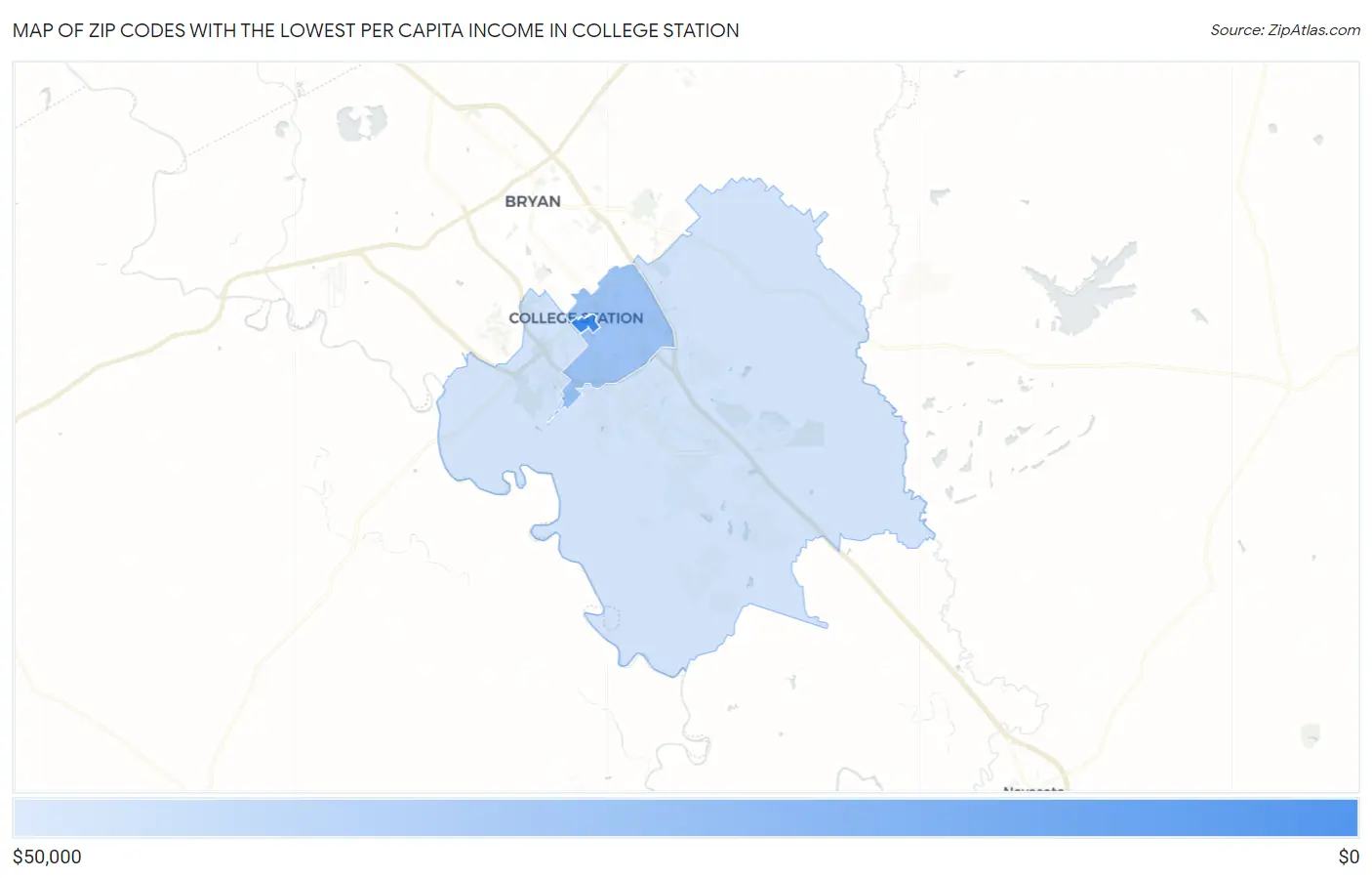 Zip Codes with the Lowest Per Capita Income in College Station Map