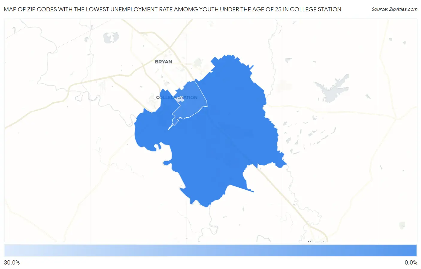 Zip Codes with the Lowest Unemployment Rate Amomg Youth Under the Age of 25 in College Station Map