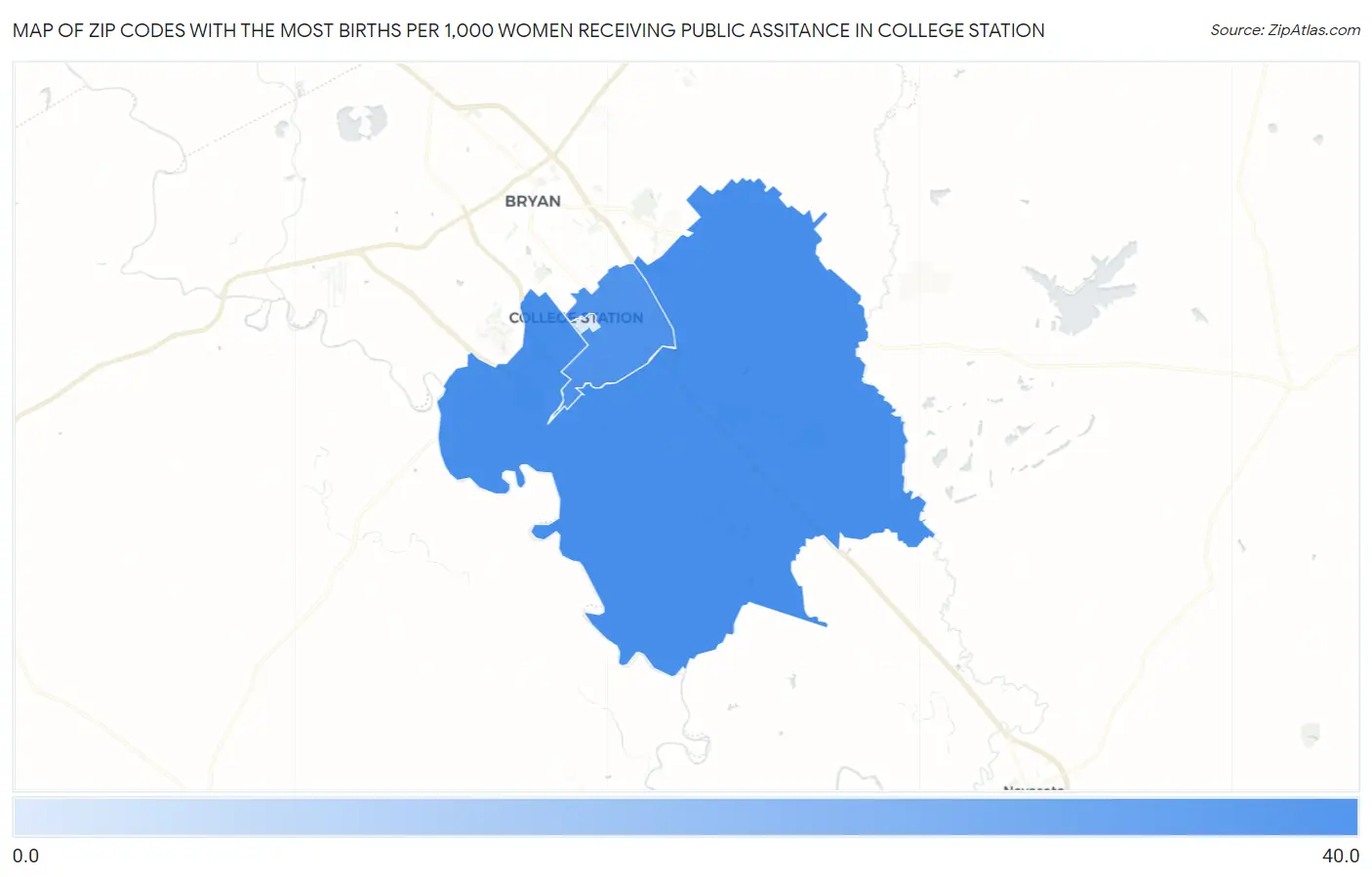 Zip Codes with the Most Births per 1,000 Women Receiving Public Assitance in College Station Map
