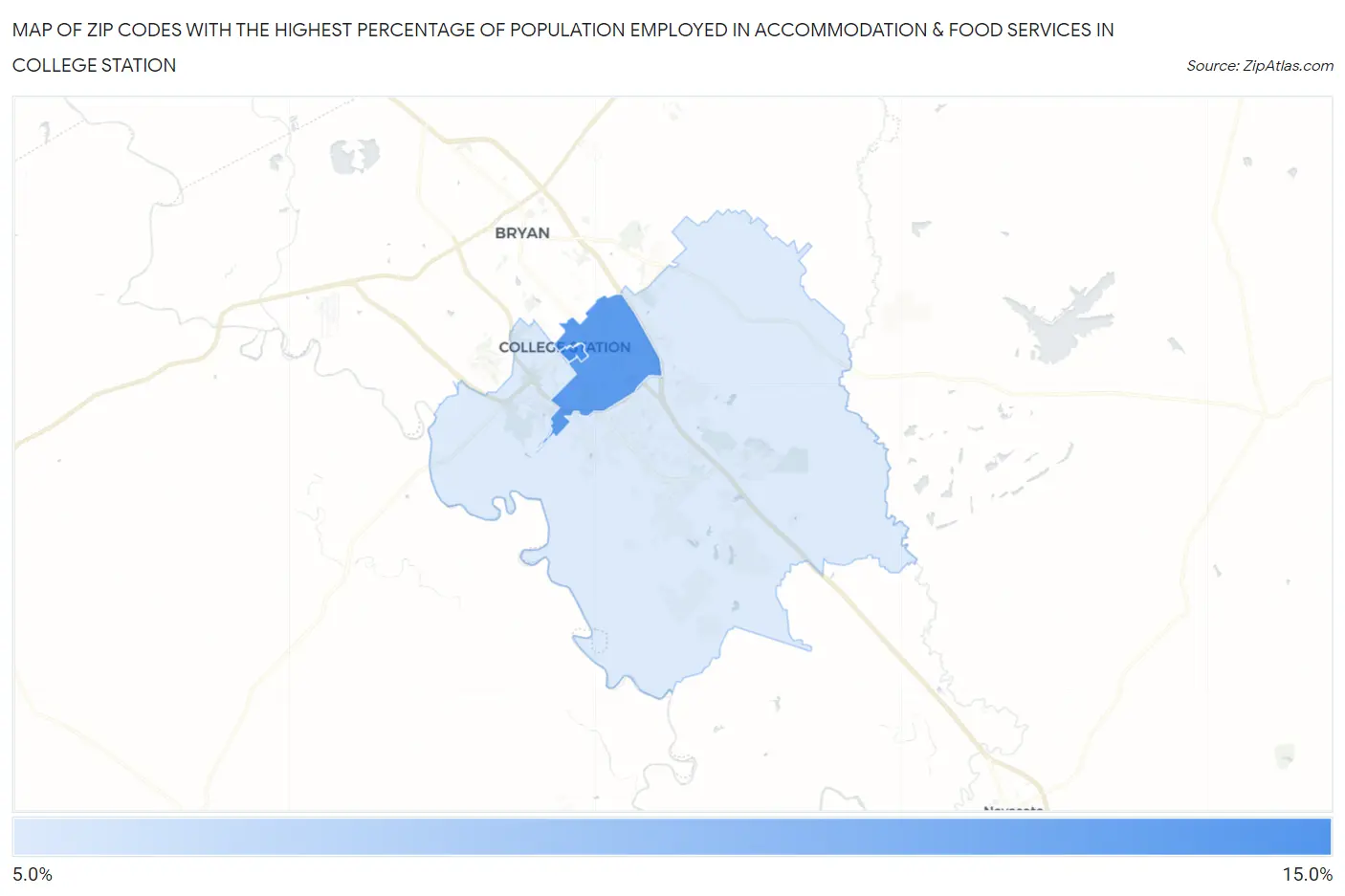 Zip Codes with the Highest Percentage of Population Employed in Accommodation & Food Services in College Station Map