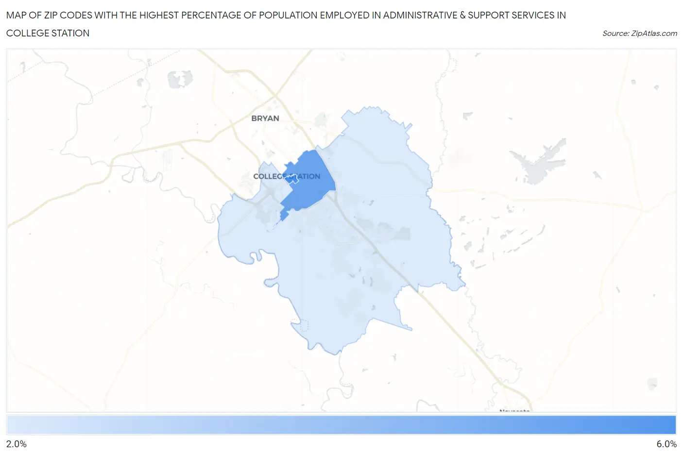 Zip Codes with the Highest Percentage of Population Employed in Administrative & Support Services in College Station Map