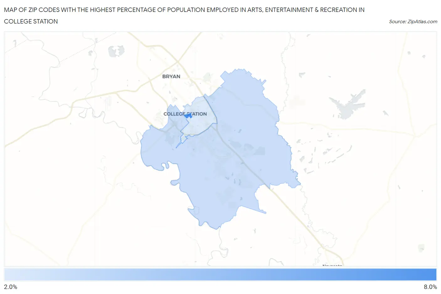 Zip Codes with the Highest Percentage of Population Employed in Arts, Entertainment & Recreation in College Station Map