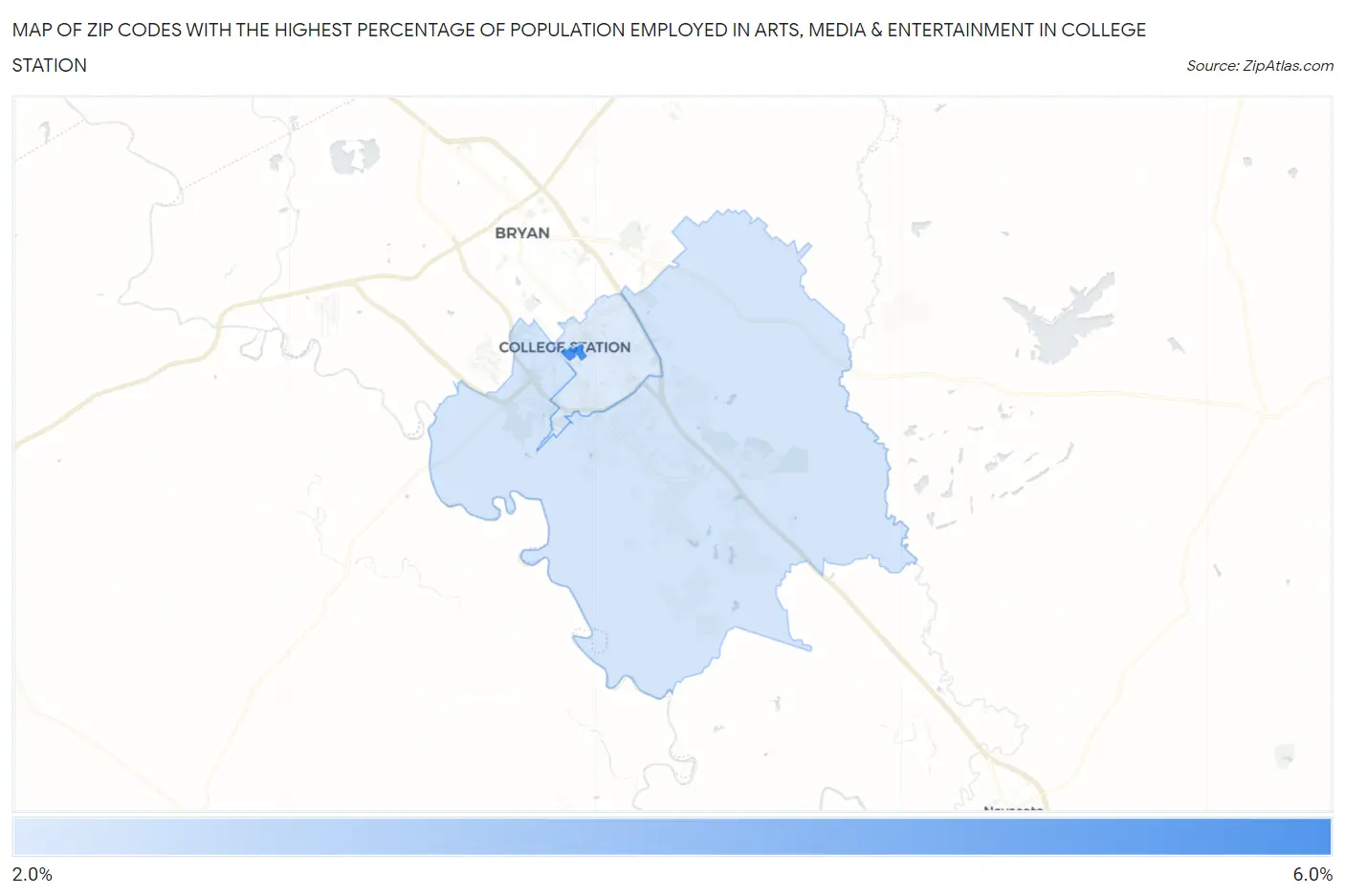Zip Codes with the Highest Percentage of Population Employed in Arts, Media & Entertainment in College Station Map