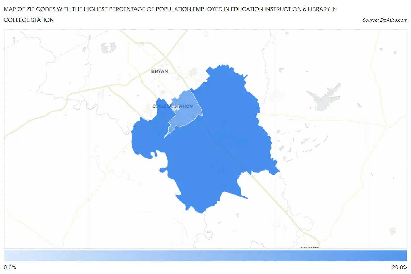 Zip Codes with the Highest Percentage of Population Employed in Education Instruction & Library in College Station Map
