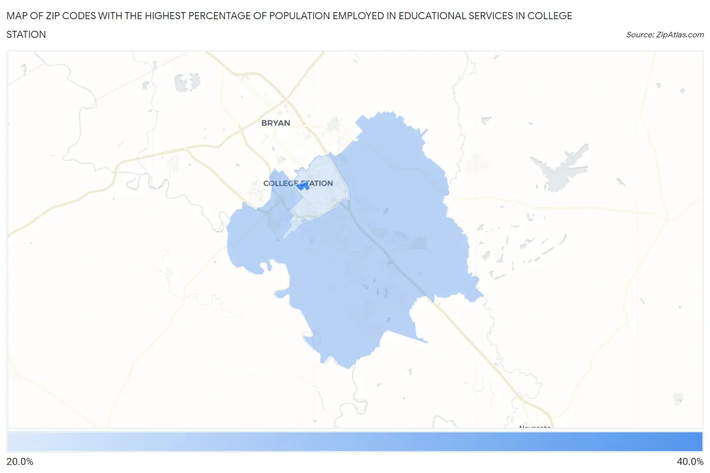 Zip Codes with the Highest Percentage of Population Employed in Educational Services in College Station Map
