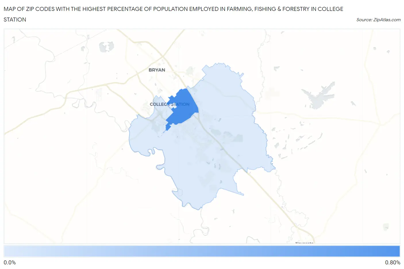Zip Codes with the Highest Percentage of Population Employed in Farming, Fishing & Forestry in College Station Map