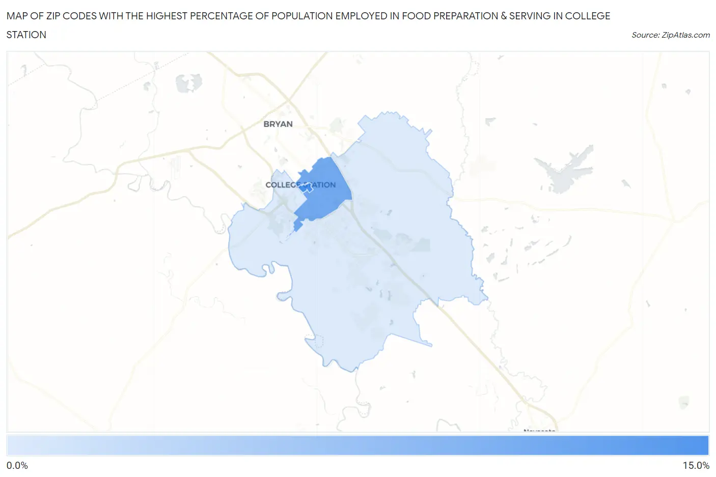 Zip Codes with the Highest Percentage of Population Employed in Food Preparation & Serving in College Station Map
