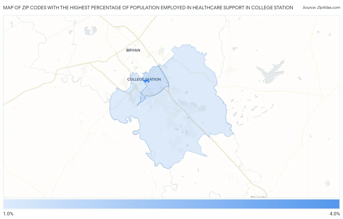 Zip Codes with the Highest Percentage of Population Employed in Healthcare Support in College Station Map