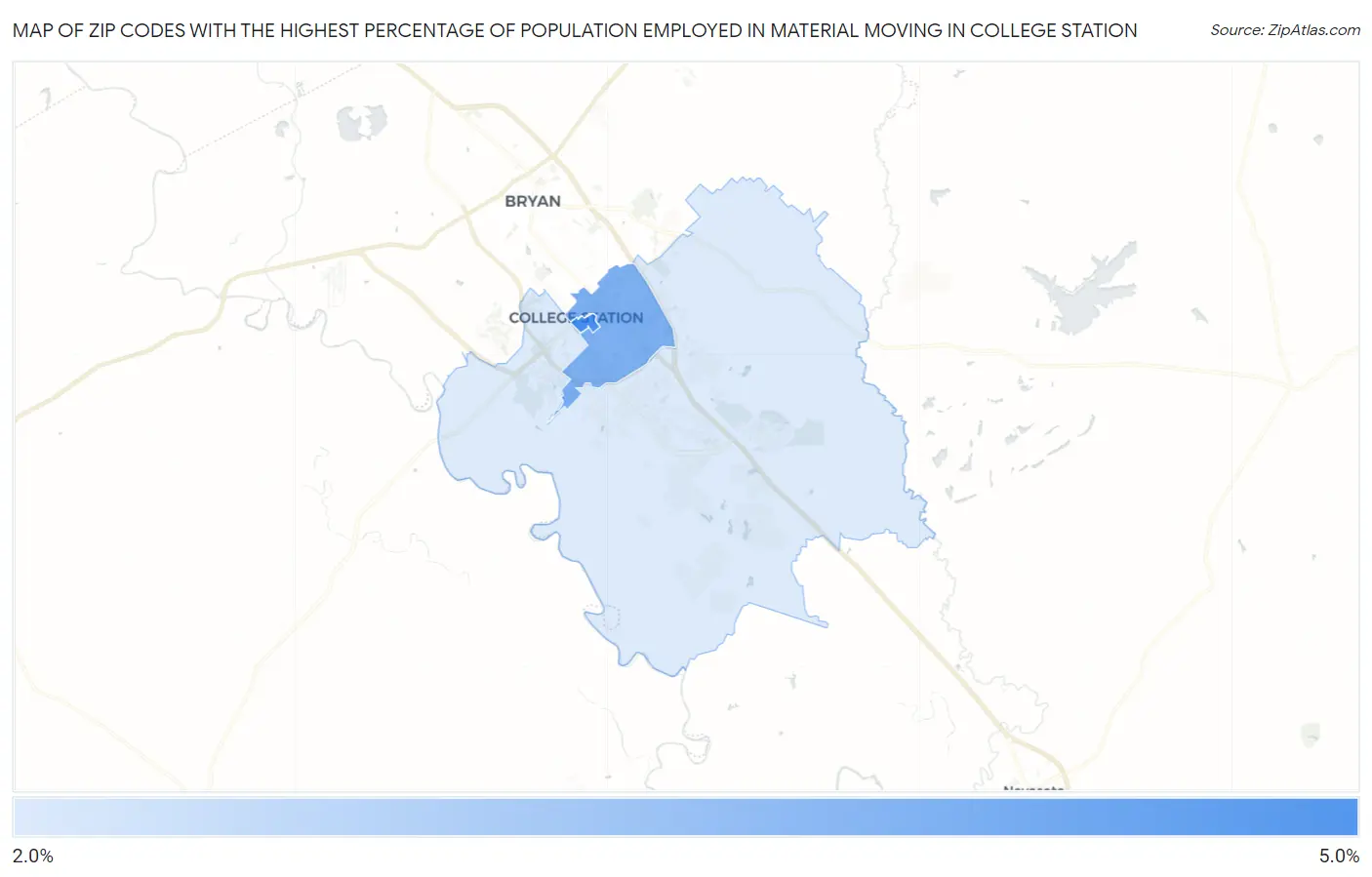 Zip Codes with the Highest Percentage of Population Employed in Material Moving in College Station Map