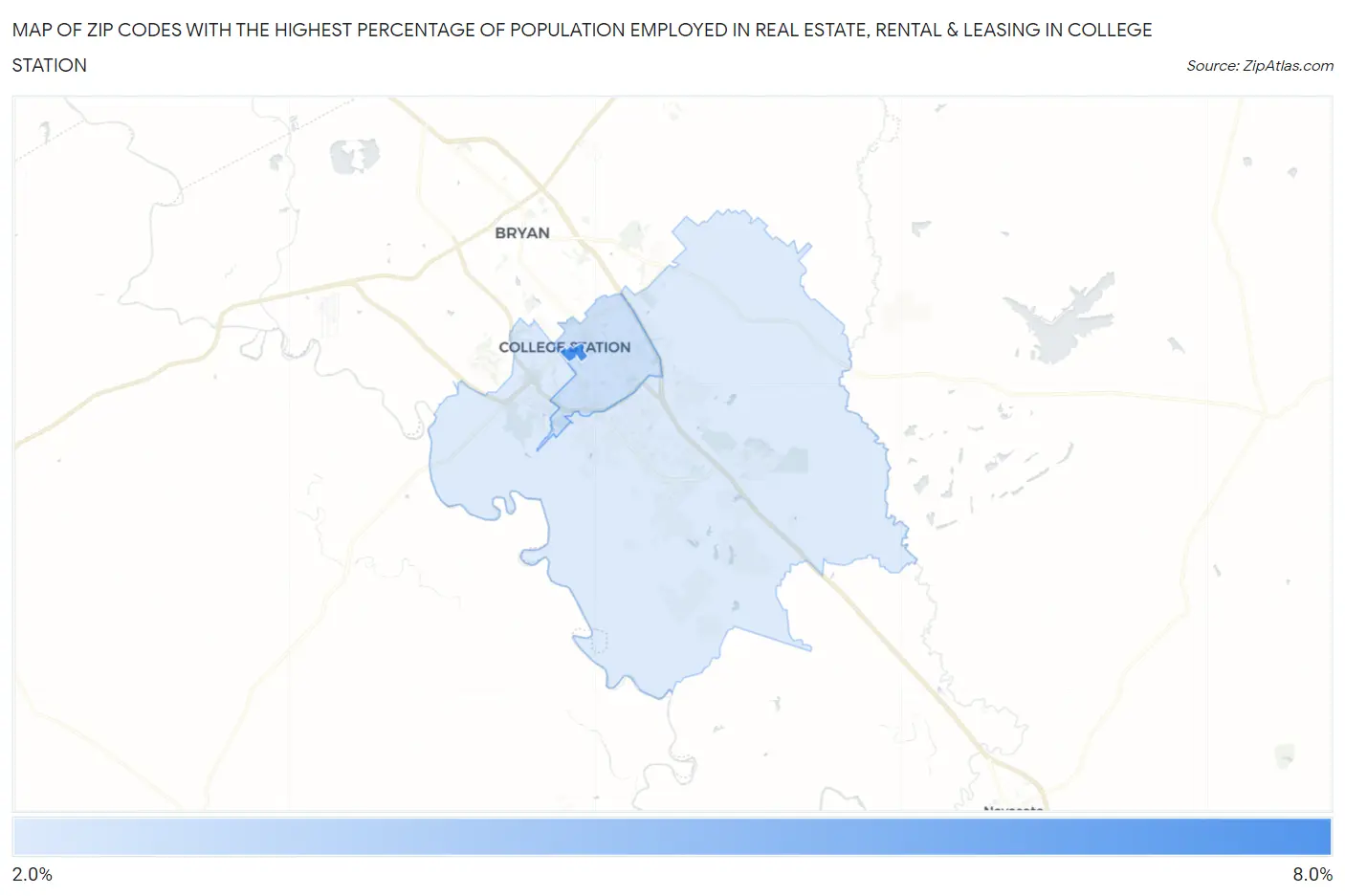 Zip Codes with the Highest Percentage of Population Employed in Real Estate, Rental & Leasing in College Station Map