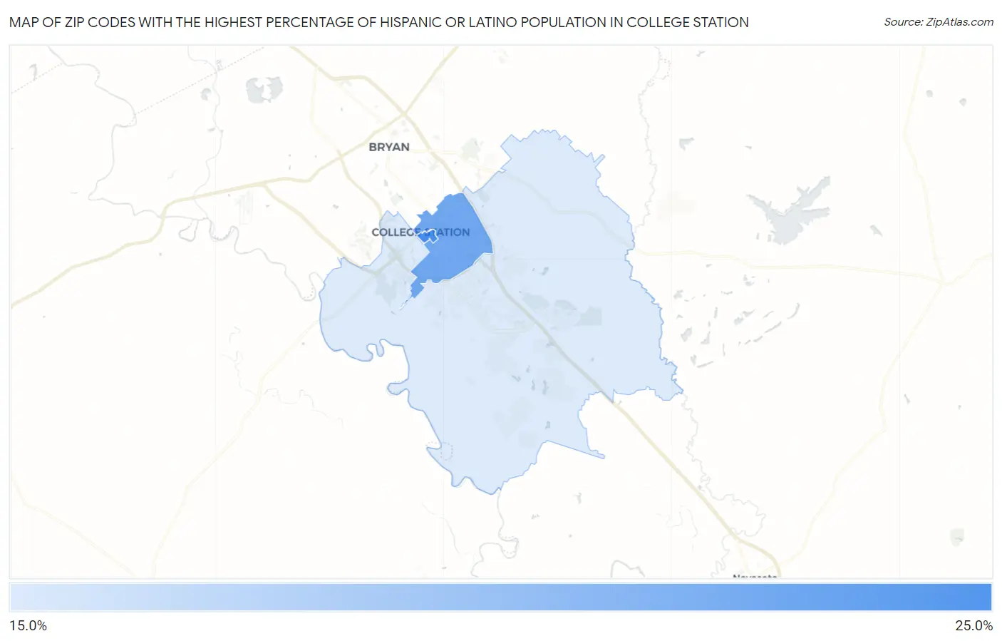 Zip Codes with the Highest Percentage of Hispanic or Latino Population in College Station Map