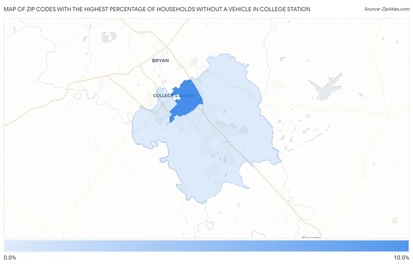 Zip Codes with the Highest Percentage of Households Without a Vehicle in College Station Map