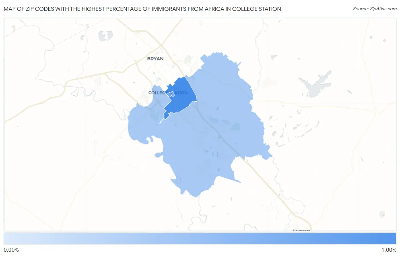 Zip Codes with the Highest Percentage of Immigrants from Africa in College Station Map