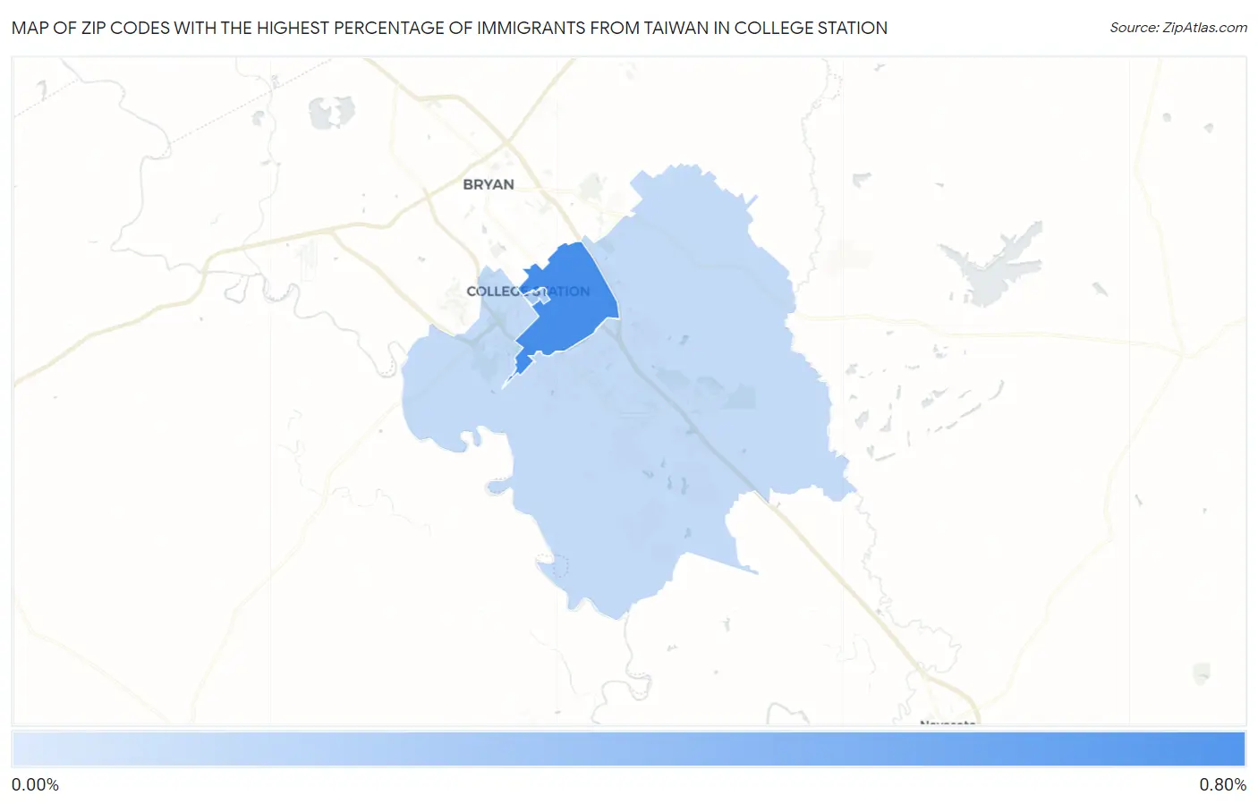 Zip Codes with the Highest Percentage of Immigrants from Taiwan in College Station Map