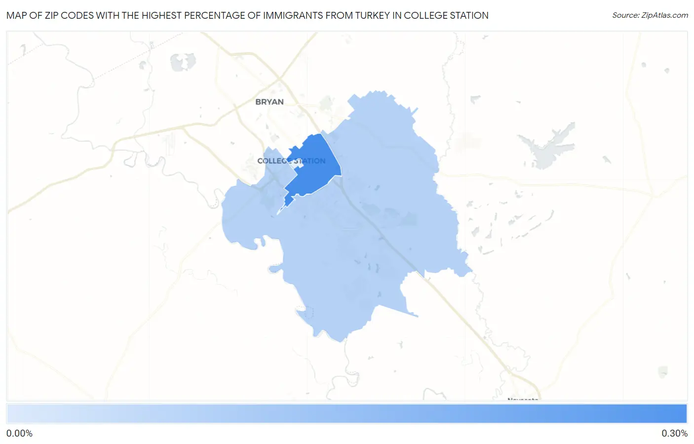 Zip Codes with the Highest Percentage of Immigrants from Turkey in College Station Map