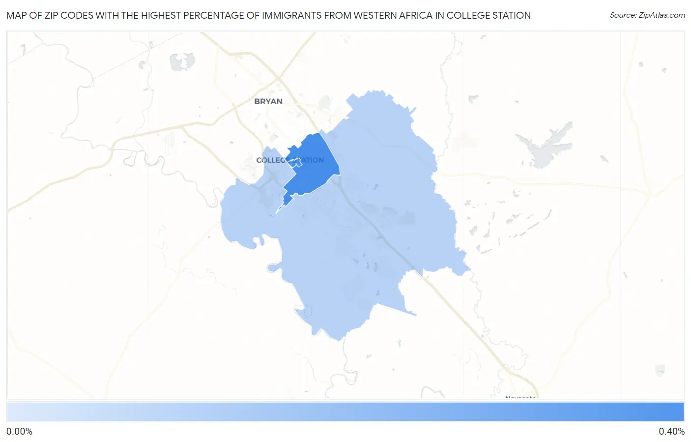 Zip Codes with the Highest Percentage of Immigrants from Western Africa in College Station Map