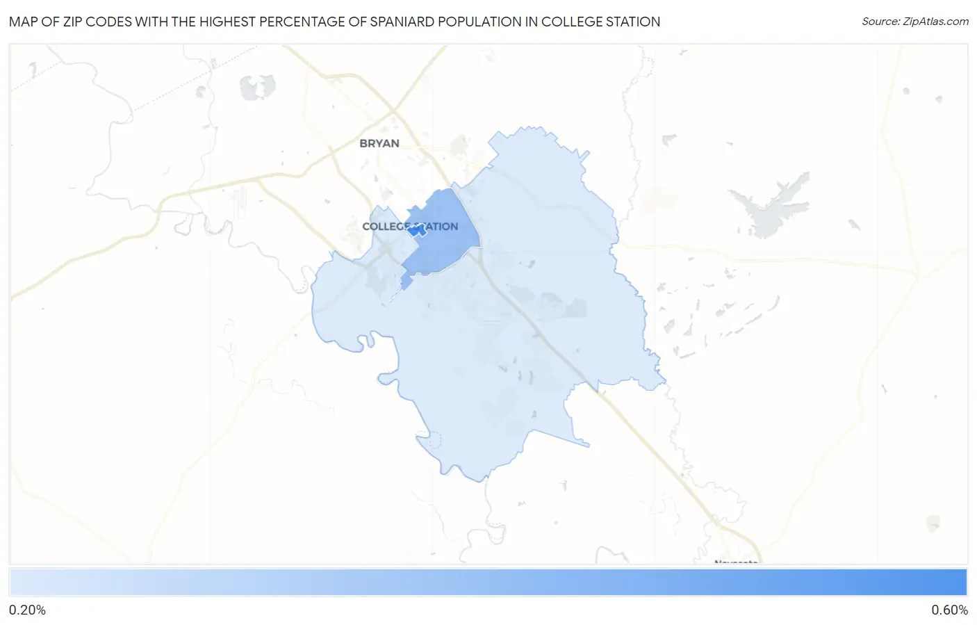 Zip Codes with the Highest Percentage of Spaniard Population in College Station Map