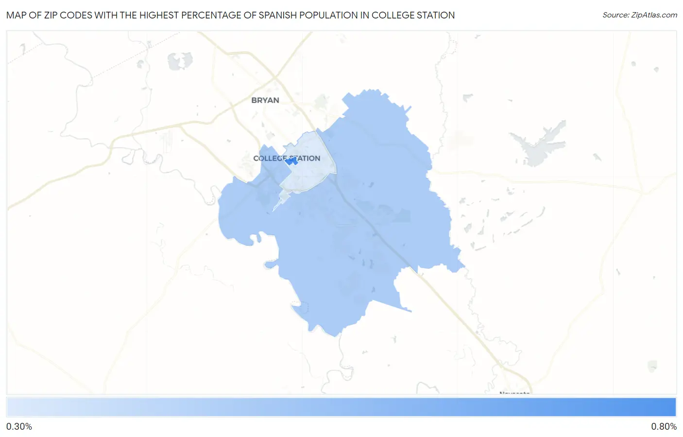 Zip Codes with the Highest Percentage of Spanish Population in College Station Map