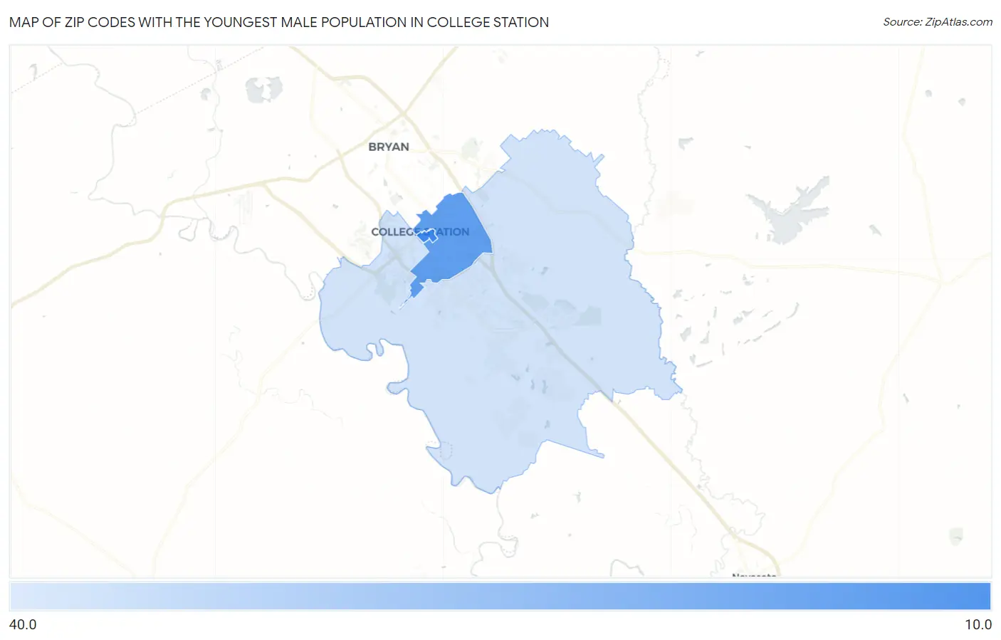 Zip Codes with the Youngest Male Population in College Station Map