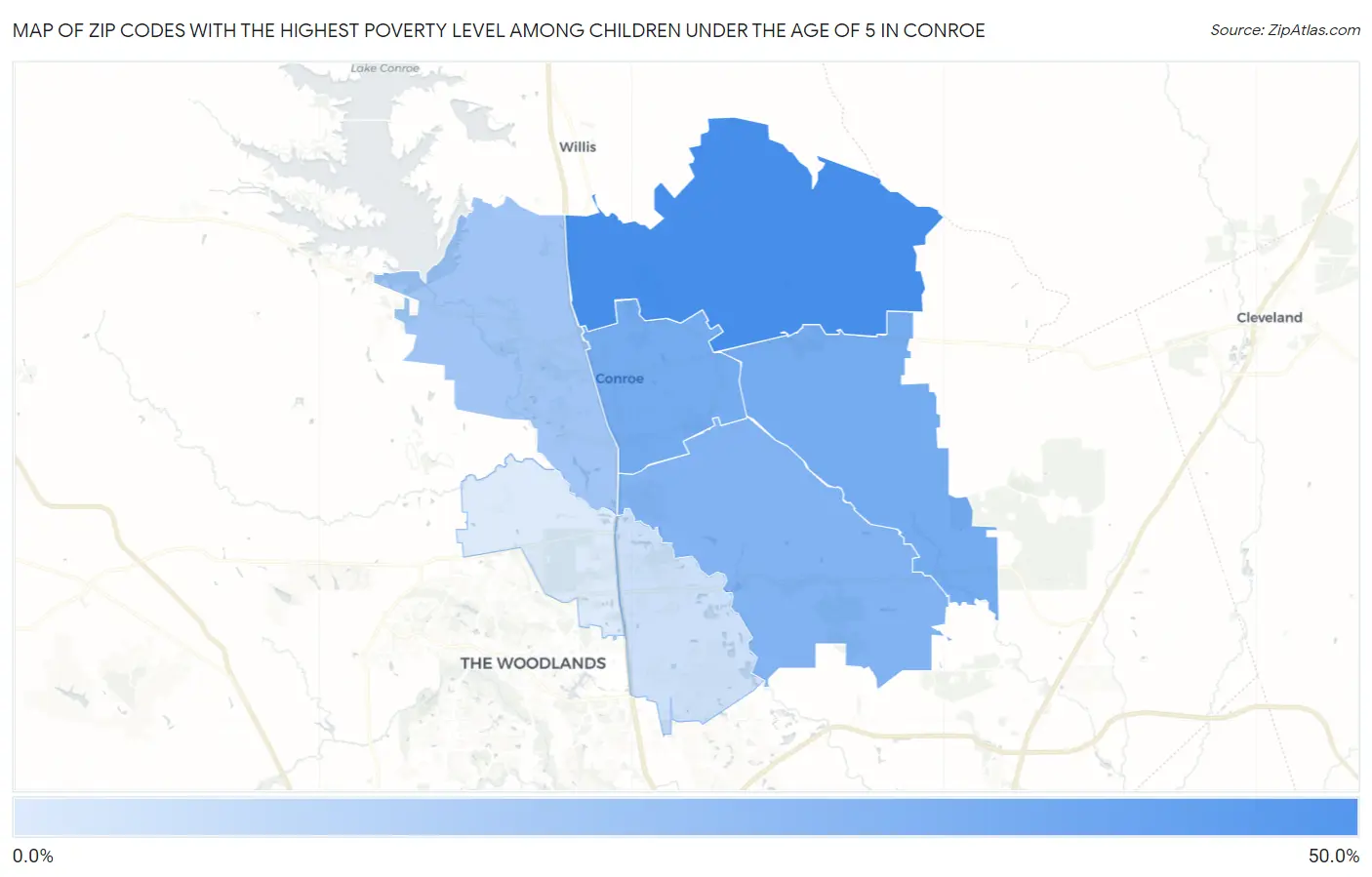 Zip Codes with the Highest Poverty Level Among Children Under the Age of 5 in Conroe Map