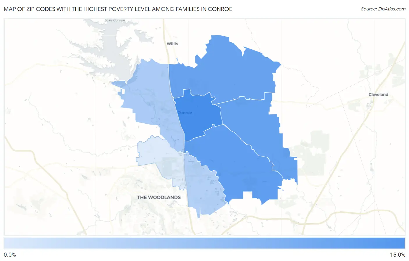 Zip Codes with the Highest Poverty Level Among Families in Conroe Map