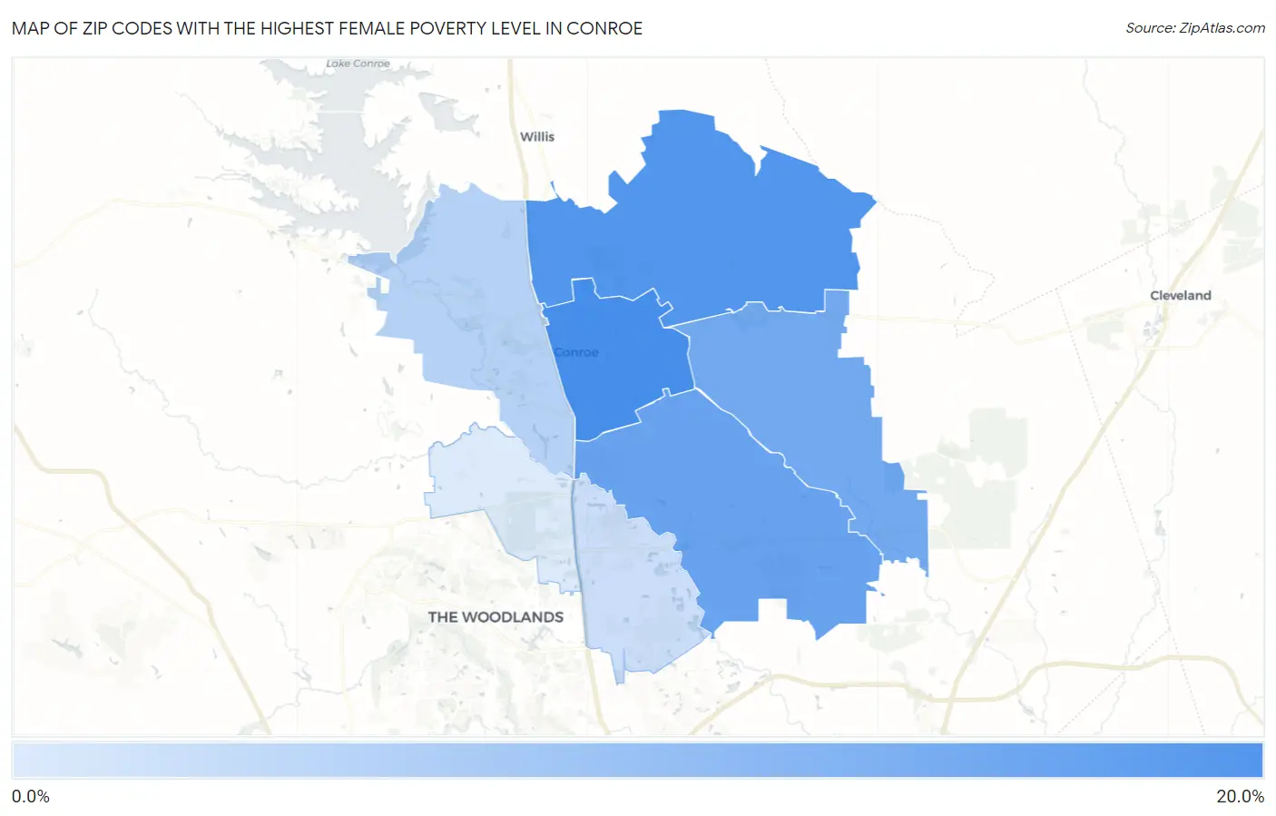Zip Codes with the Highest Female Poverty Level in Conroe Map